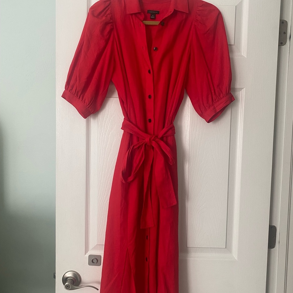 Ann Taylor Red Button-Front Midi Shirt Dress with Tie Waist